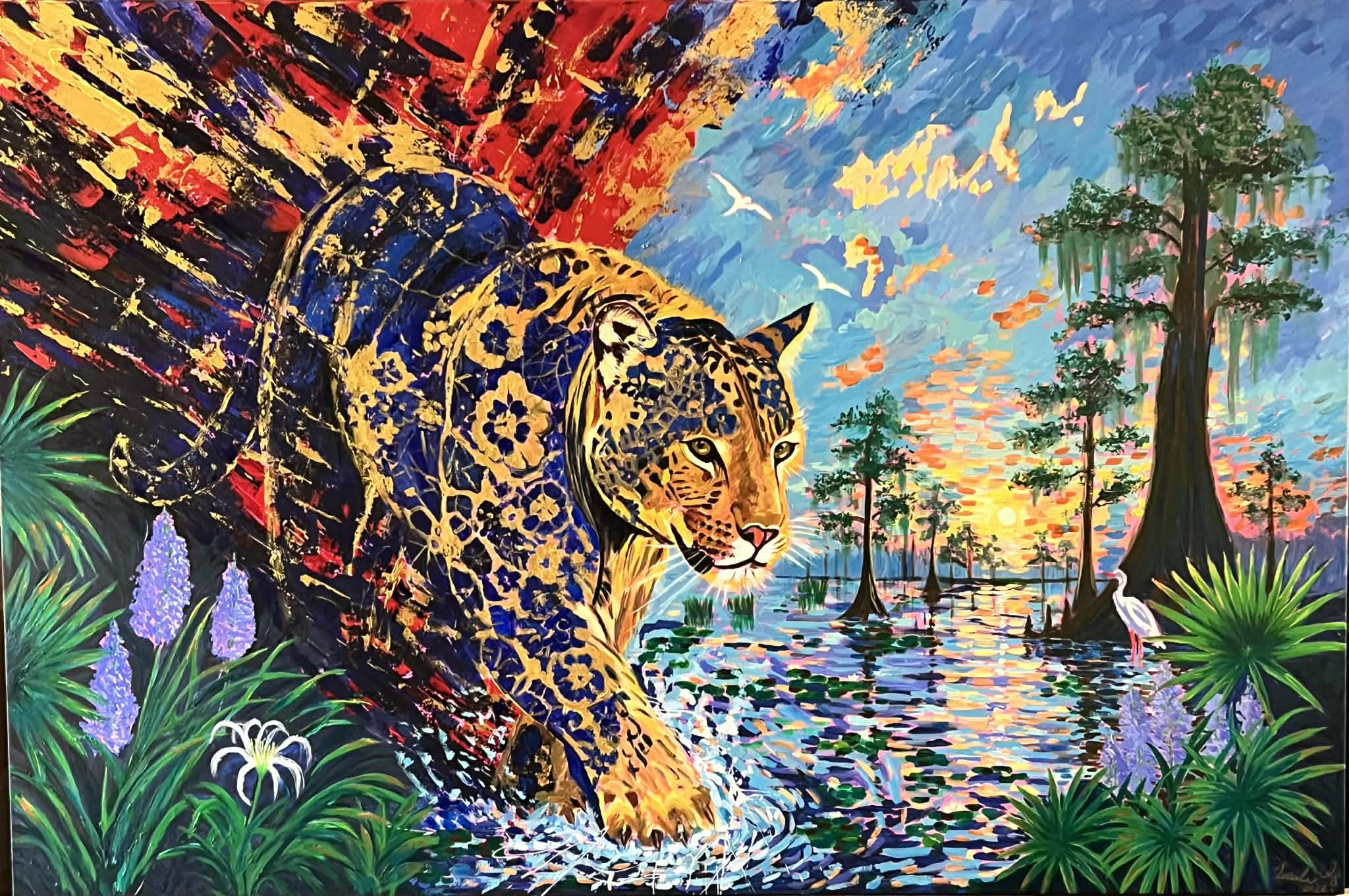 Everglades Guardian acrylic painting by Lanzhi Wang, featuring a Florida panther moving through the Everglades at sunset.