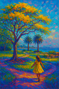 Girl Under the Yellow Flower Tree – Artist Mug featuring artwork by contemporary artist Lanzhi Wang