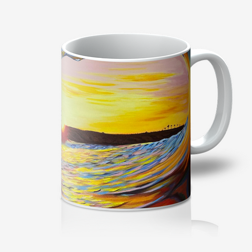 California Sunset artwork printed on a white ceramic artist mug by Lanzhi Wang