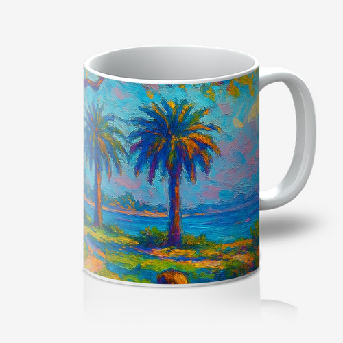 Girl Under the Yellow Flower Tree artwork printed on a white ceramic artist mug by Lanzhi Wang