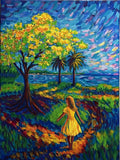 Girl Under the Yellow Flower Tree – Stretched Canvas Print