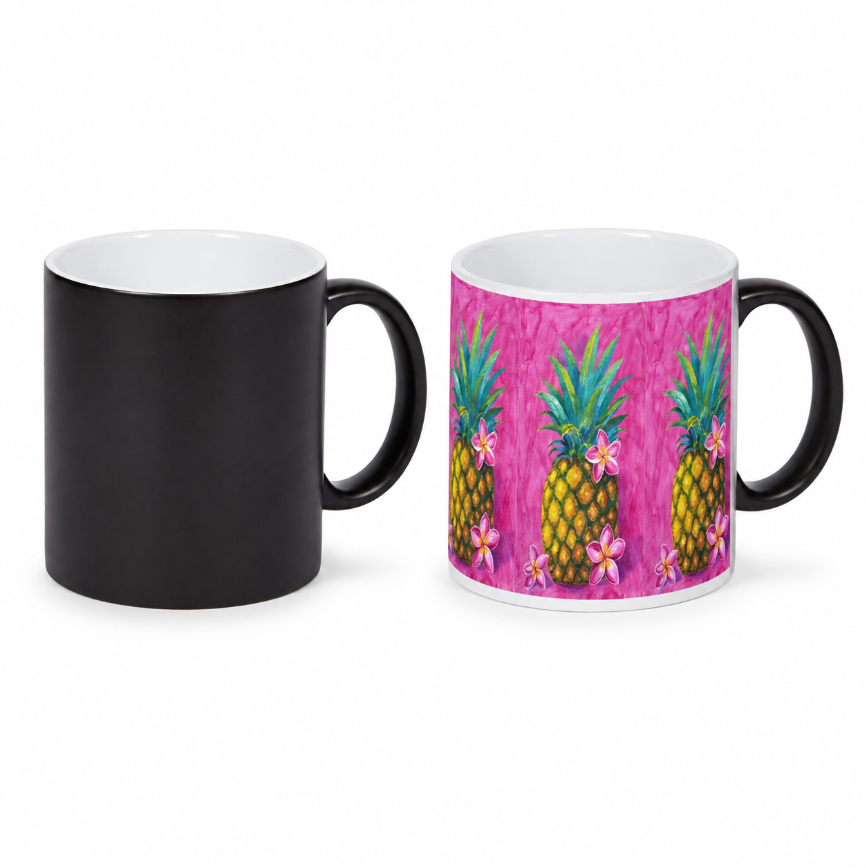 Golden Paradise heat-reactive magic mug shown cold in black and fully warmed with Lanzhi Wang’s pineapple and plumeria artwork; both mugs have black handles.