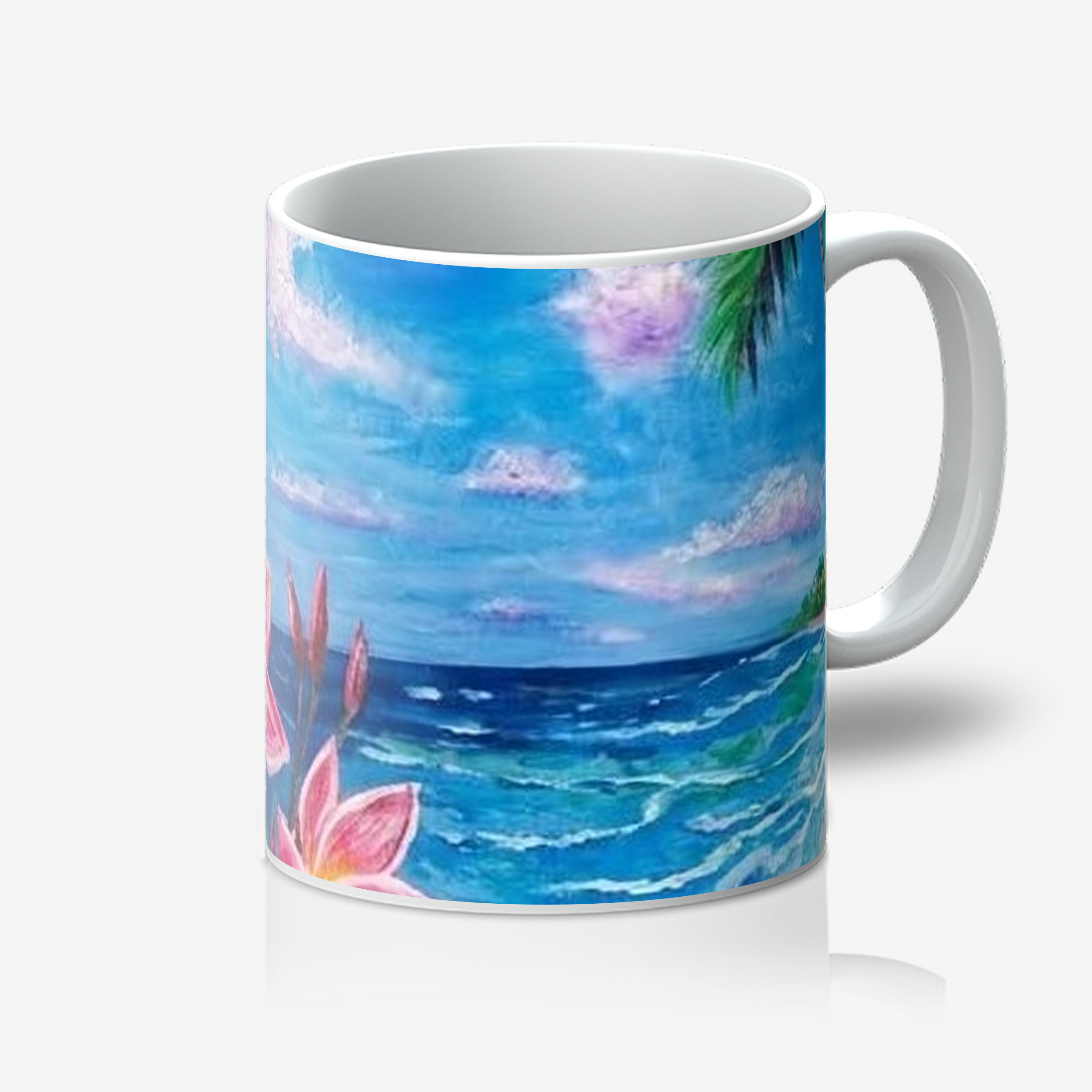 Ocean Blue and the Plumeria artwork printed on a white ceramic artist mug by Lanzhi Wang