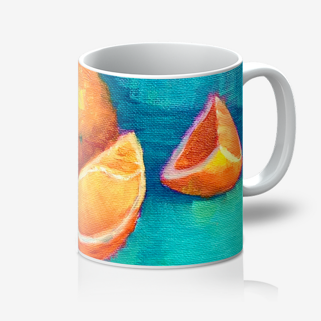 Orange artwork printed on a white ceramic artist mug by Lanzhi Wang