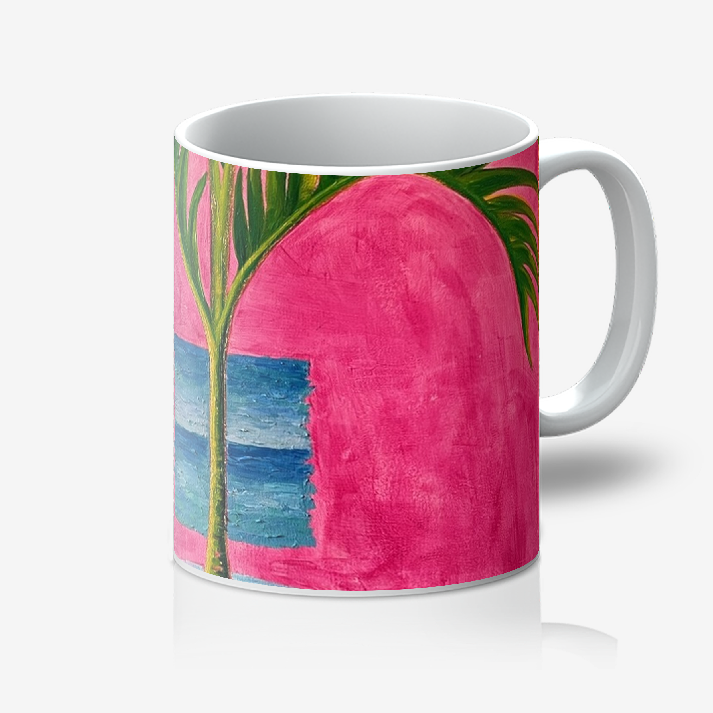 Paradise Palms artwork printed on a white ceramic artist mug by Lanzhi Wang