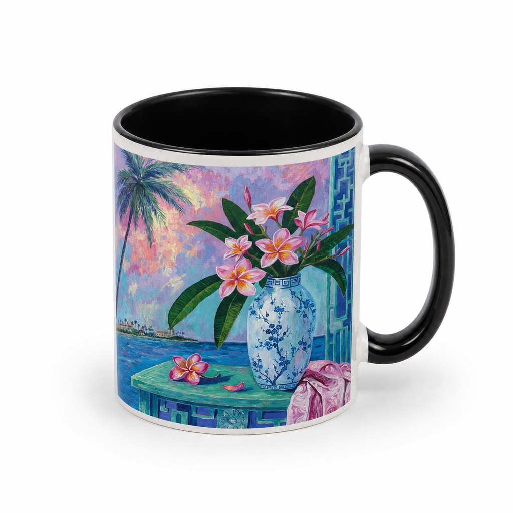 Summer Plumeria artwork on an 11 oz white ceramic mug with black interior and black handle, showing truthful white print margins.