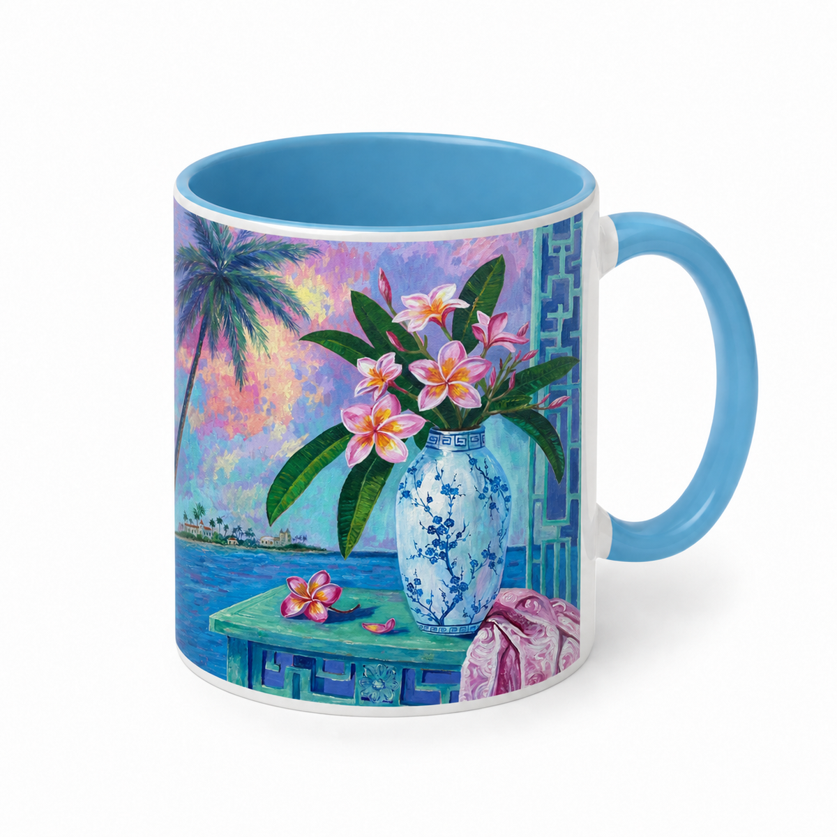 Summer Plumeria artwork on an 11 oz white ceramic mug with blue interior and blue handle, showing truthful white print margins.