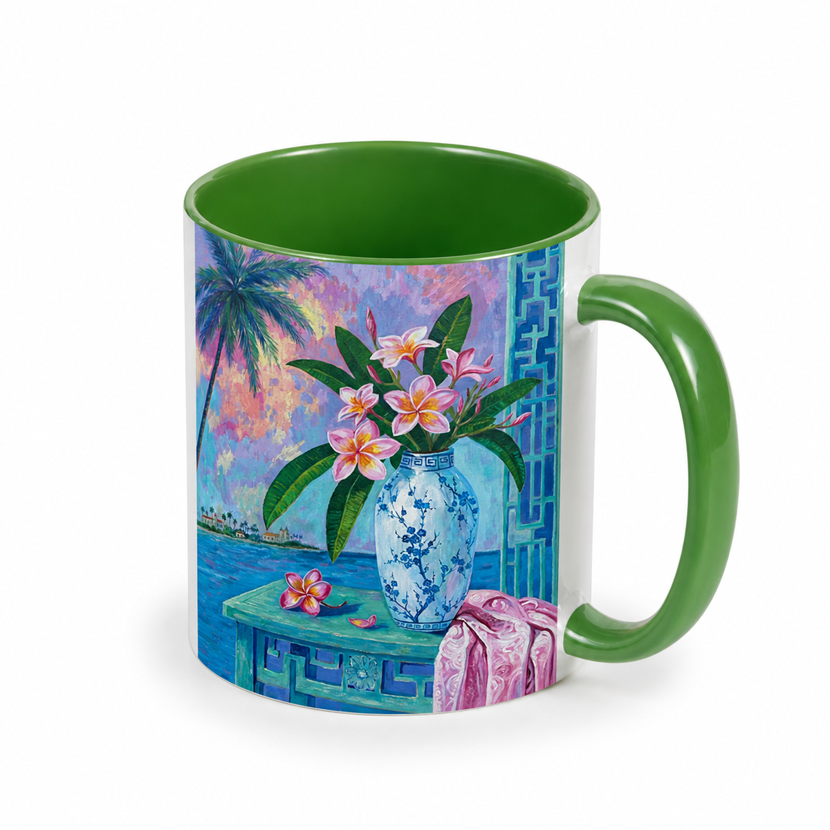 Summer Plumeria artwork on an 11 oz white ceramic mug with green interior and green handle, showing truthful white print margins.
