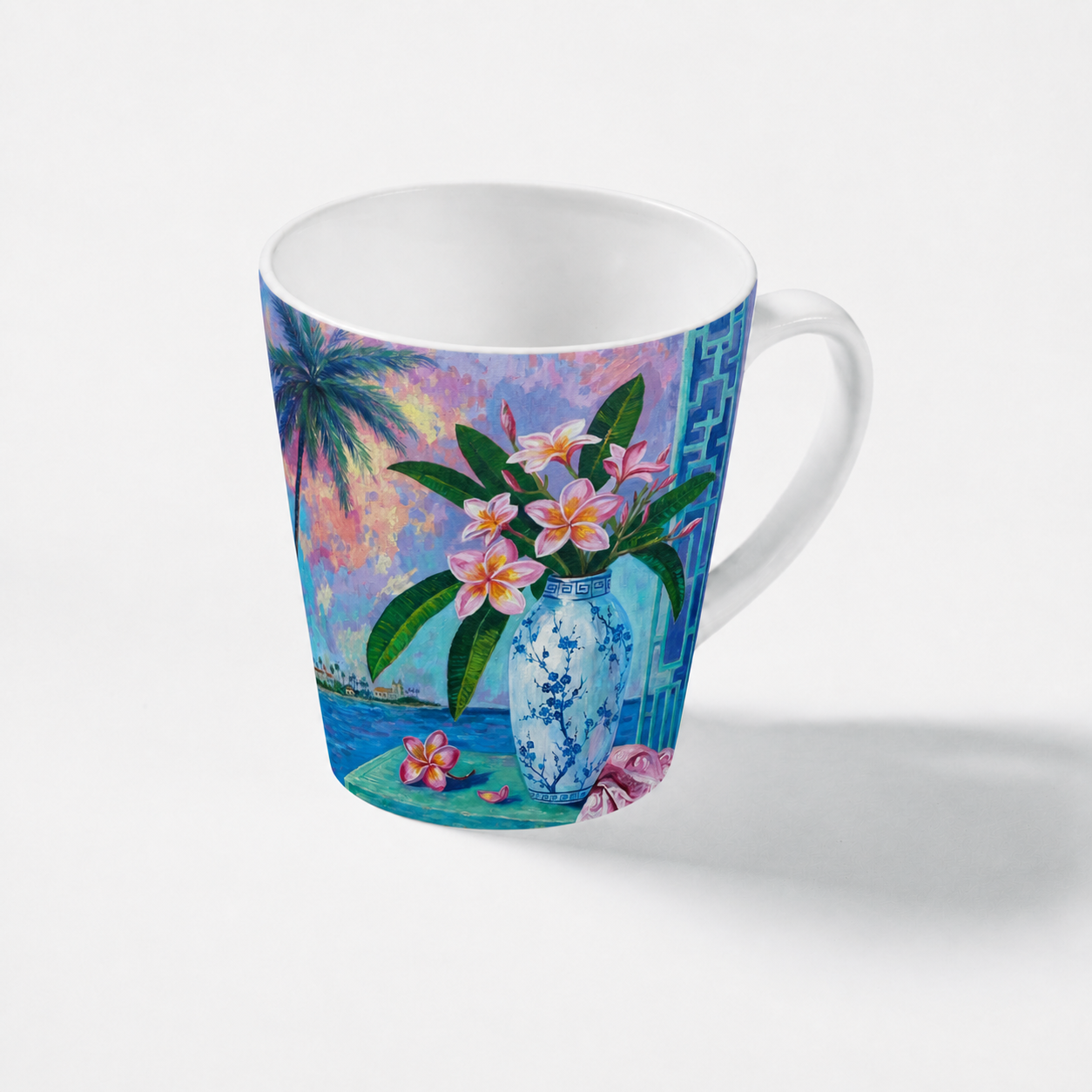 Summer Plumeria artwork on a tapered 12 oz ceramic latte mug with full top-to-bottom print coverage.
