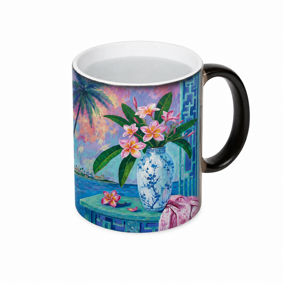 Summer Plumeria artwork revealed on a hot 11 oz heat-reactive Magic mug, with black handle and realistic feathered print edges.
