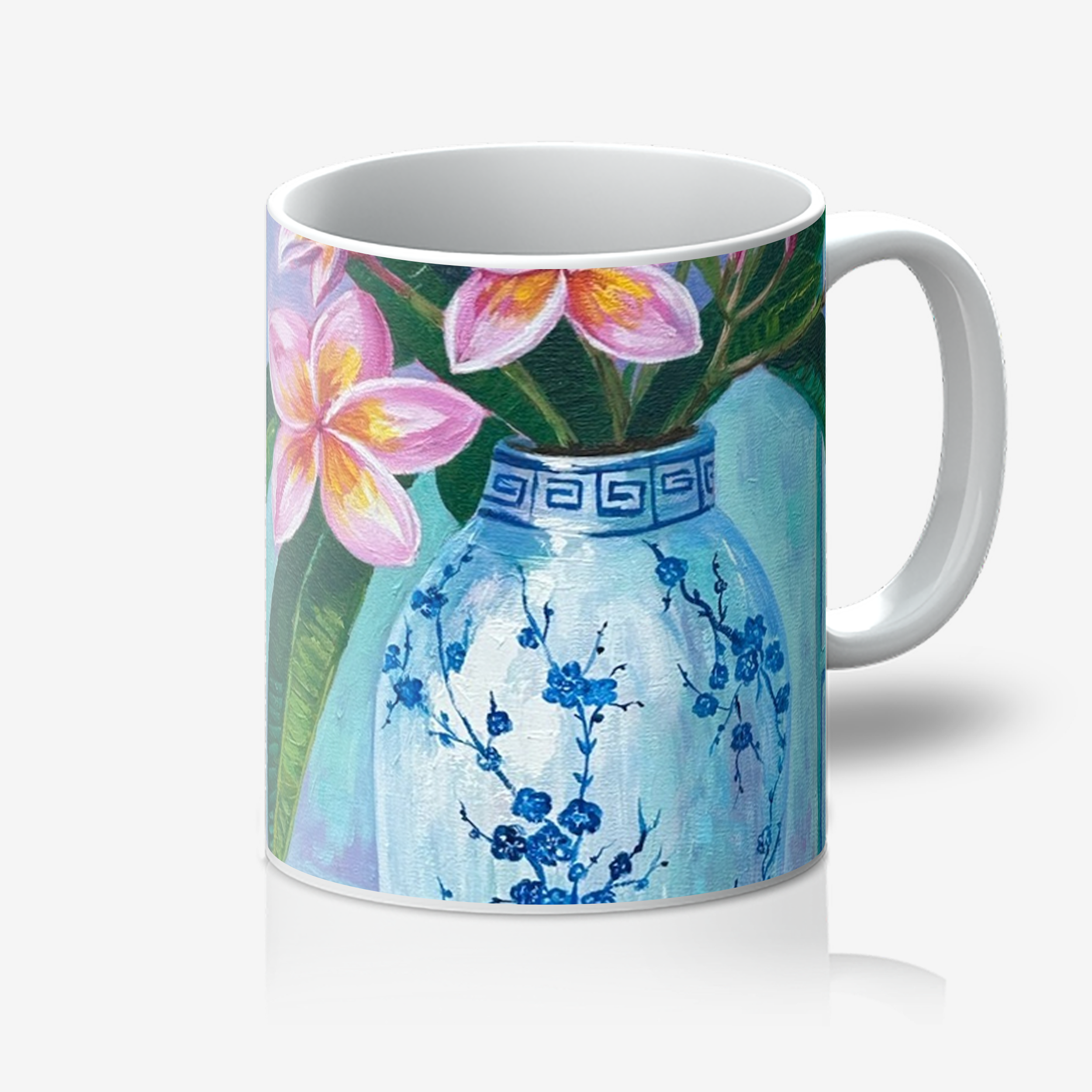Summer Plumeria artwork printed on a white ceramic artist mug by Lanzhi Wang