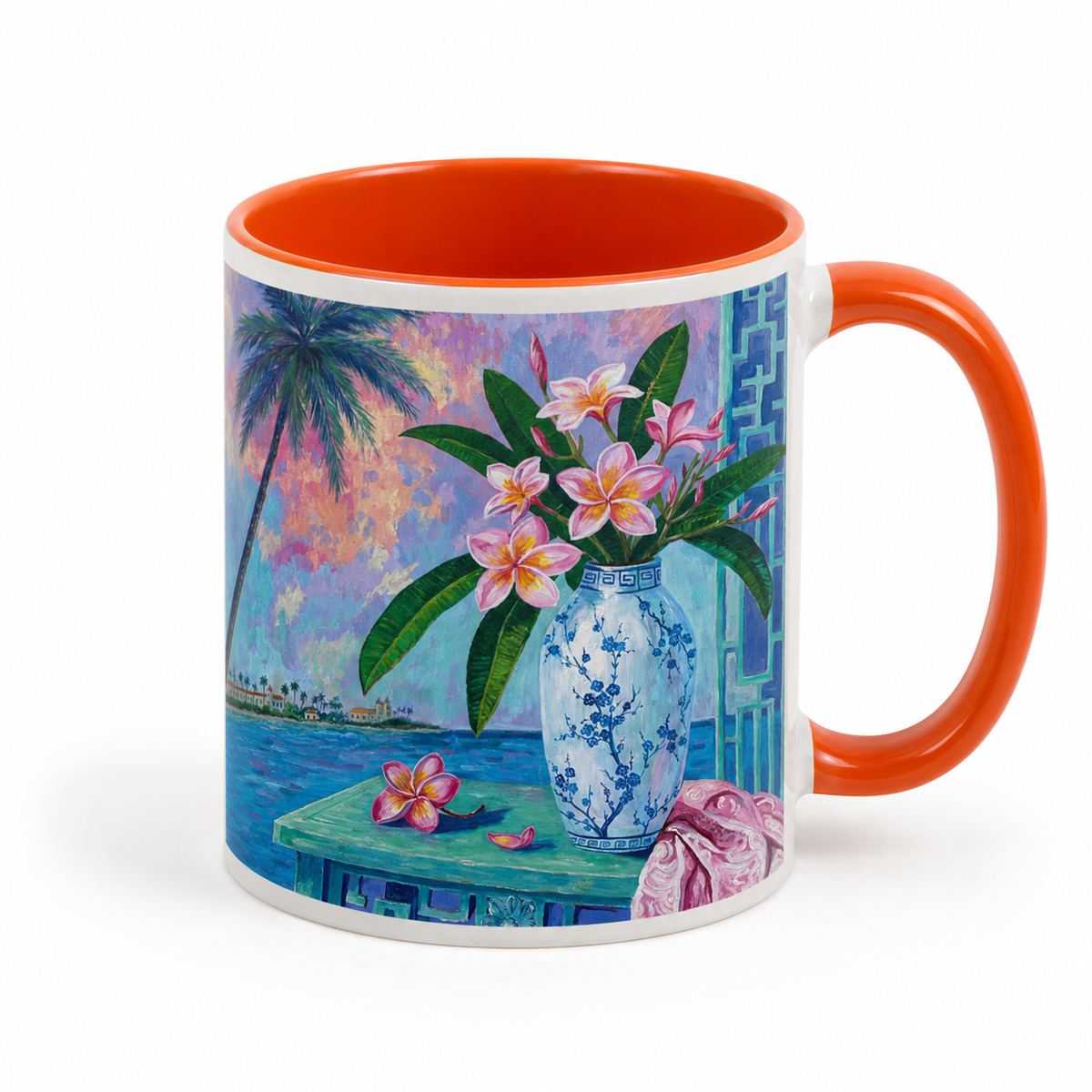 Summer Plumeria artwork on an 11 oz white ceramic mug with orange interior and orange handle, showing truthful white print margins.