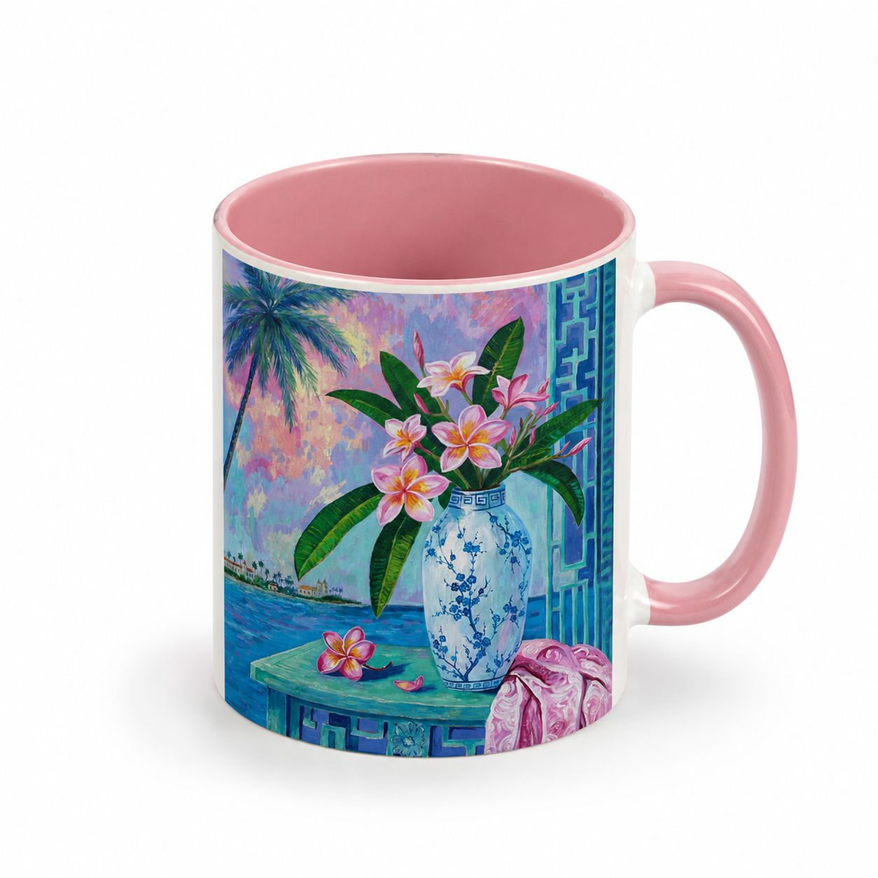 Summer Plumeria artwork on an 11 oz white ceramic mug with pink interior and pink handle, showing truthful white print margins.