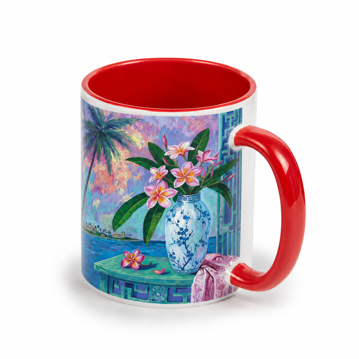 Summer Plumeria artwork on an 11 oz white ceramic mug with red interior and red handle, showing truthful white print margins.