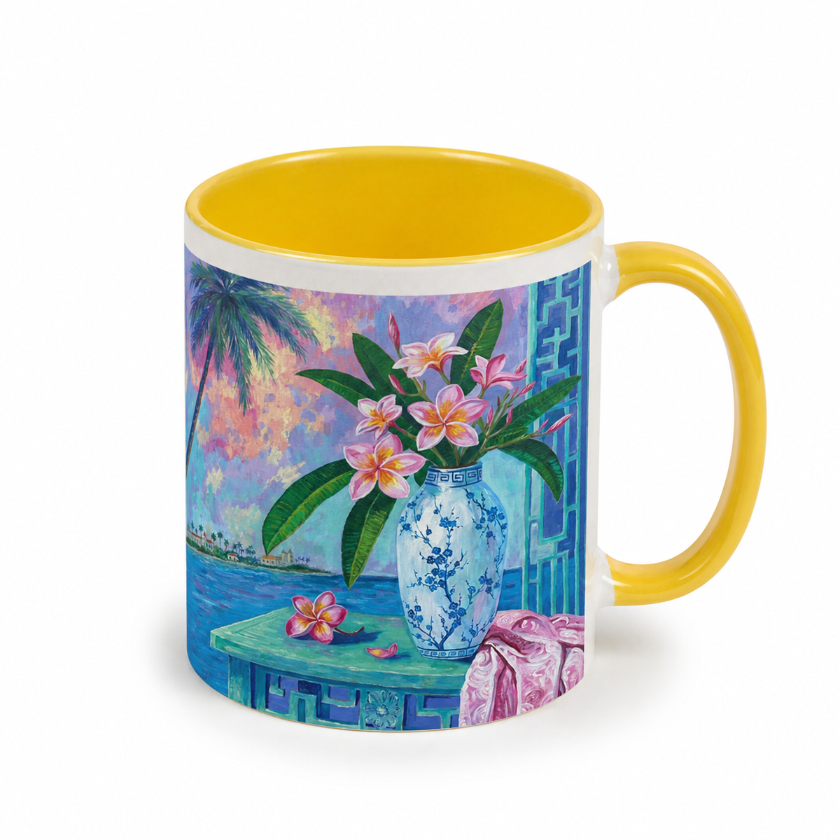 Summer Plumeria artwork on an 11 oz white ceramic mug with yellow interior and yellow handle, showing truthful white print margins.